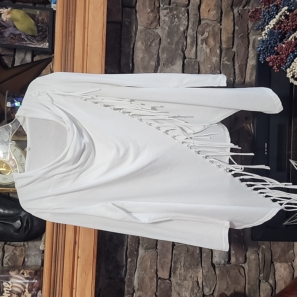 Asymmetrical Fringe Thin White Sweater sz L/XL